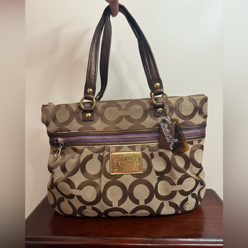 Coach #15331 Poppy Signature Canvas Shoulder Bag in Brown with Purple Trim